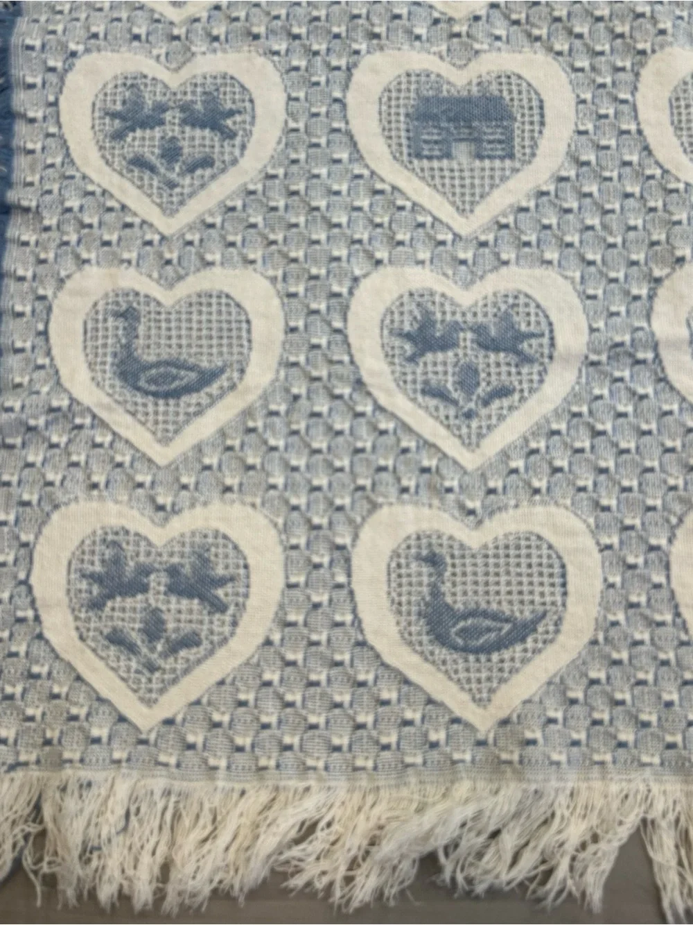 Vtg Woven Tapestry Throw Blanket Hearts Ducks Cottagecore Farmhouse Fringe 44x50